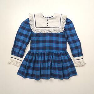 Vintage Pert N Sassy Dress Girls Size 3T Blue Plaid Square Lace Bib Drop Waist
